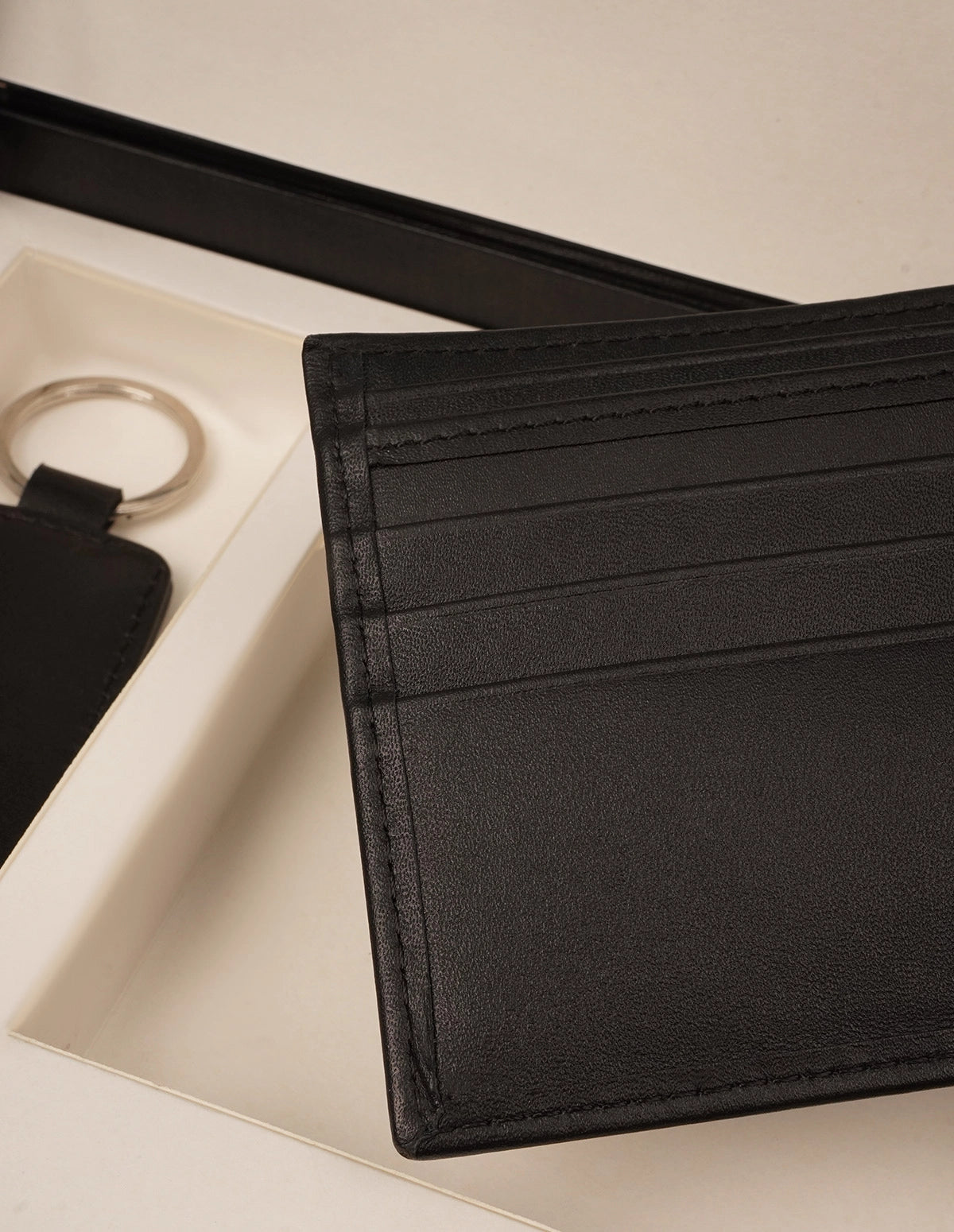 Premium Black Leather Wallet & Keychain Gift Set