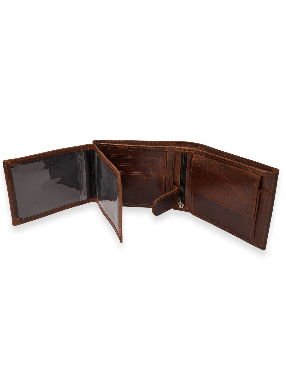 Cow Leather Wallet Brown – Trifold with Zipper Pocket