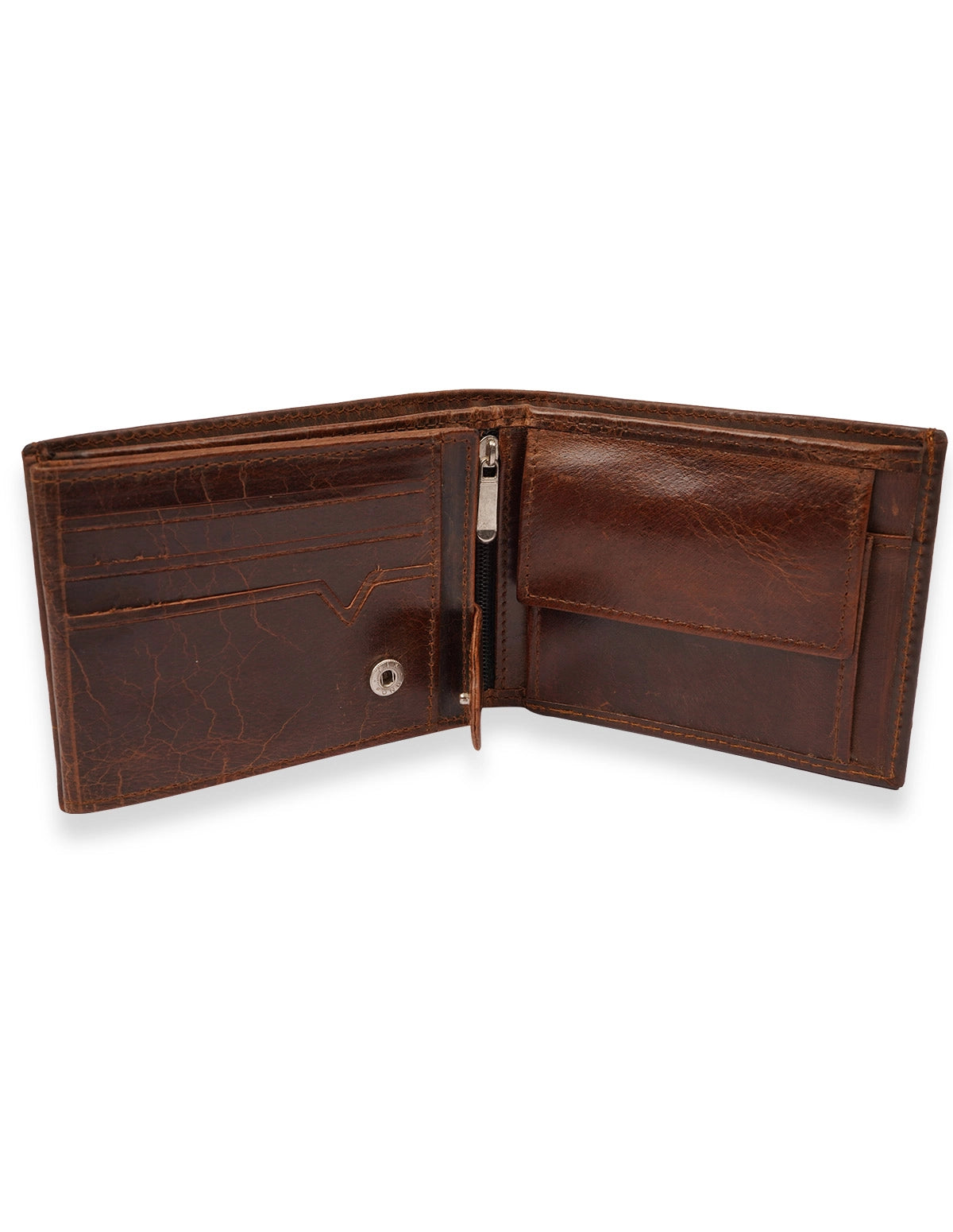 Cow Leather Wallet Brown – Trifold with Zipper Pocket