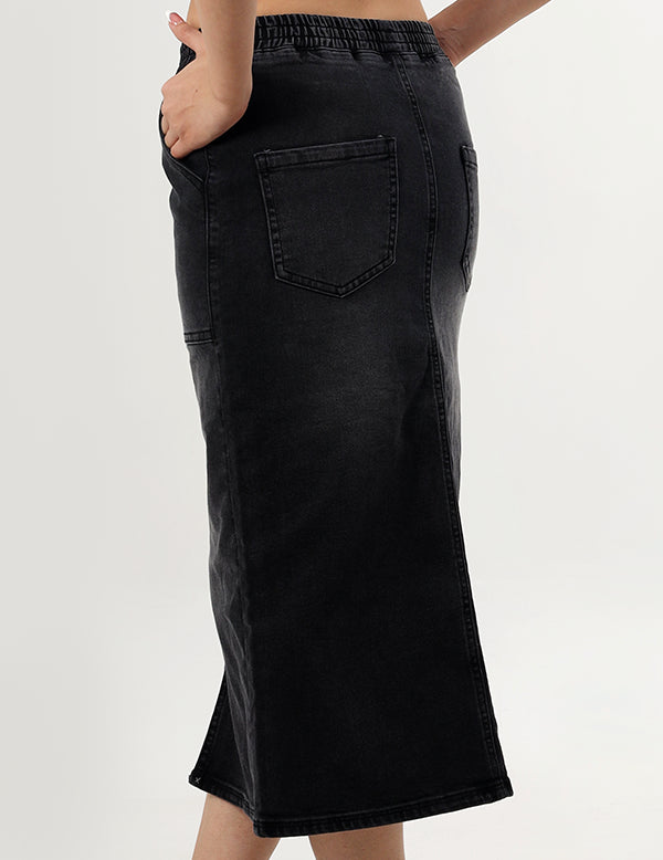 Black Denim Midi Skirt with Front Slit for Women