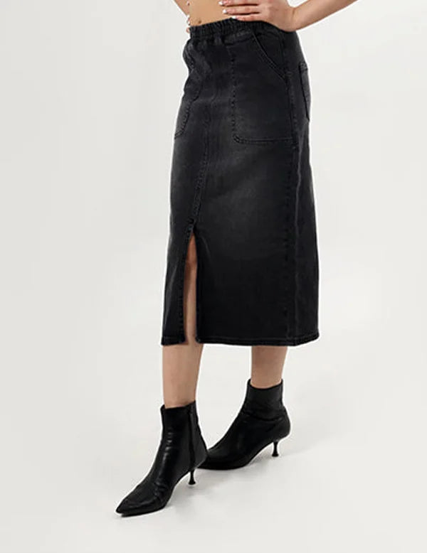 Black Denim Midi Skirt with Front Slit for Women