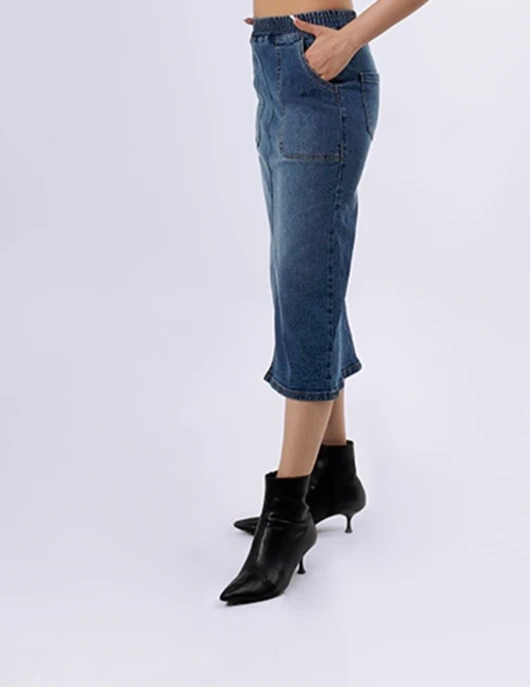 Blue Denim Midi Skirt with Front Slit for Women