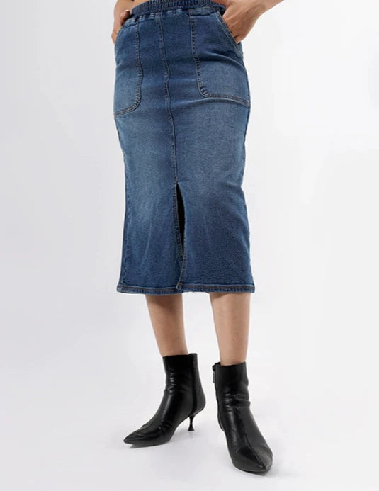 Blue Denim Midi Skirt with Front Slit for Women