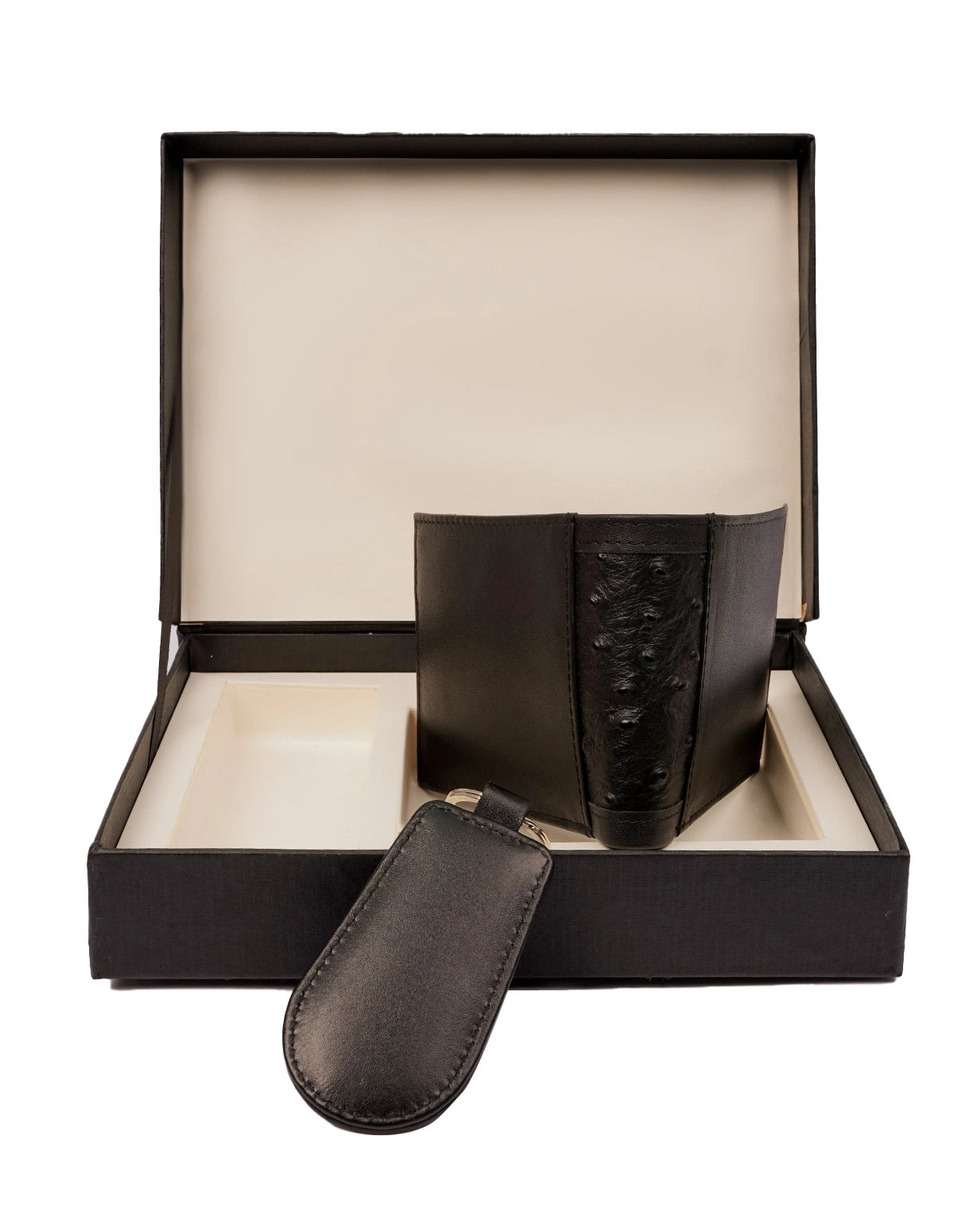  Premium Black Leather Wallet & Keychain Gift Set 