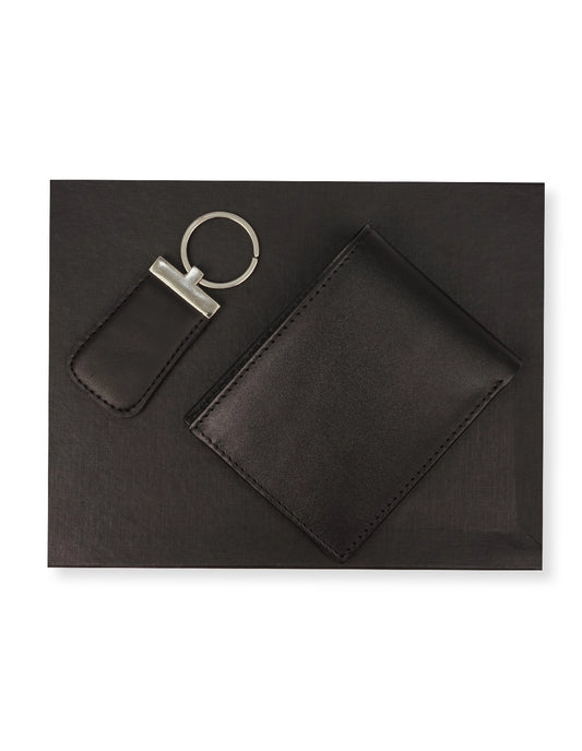 Cow Leather Wallet Black – Gift Set with Keychain