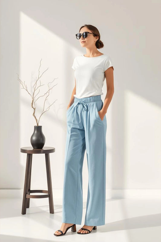 Serene Blue Flow Wide-Leg Trousers - Light Blue